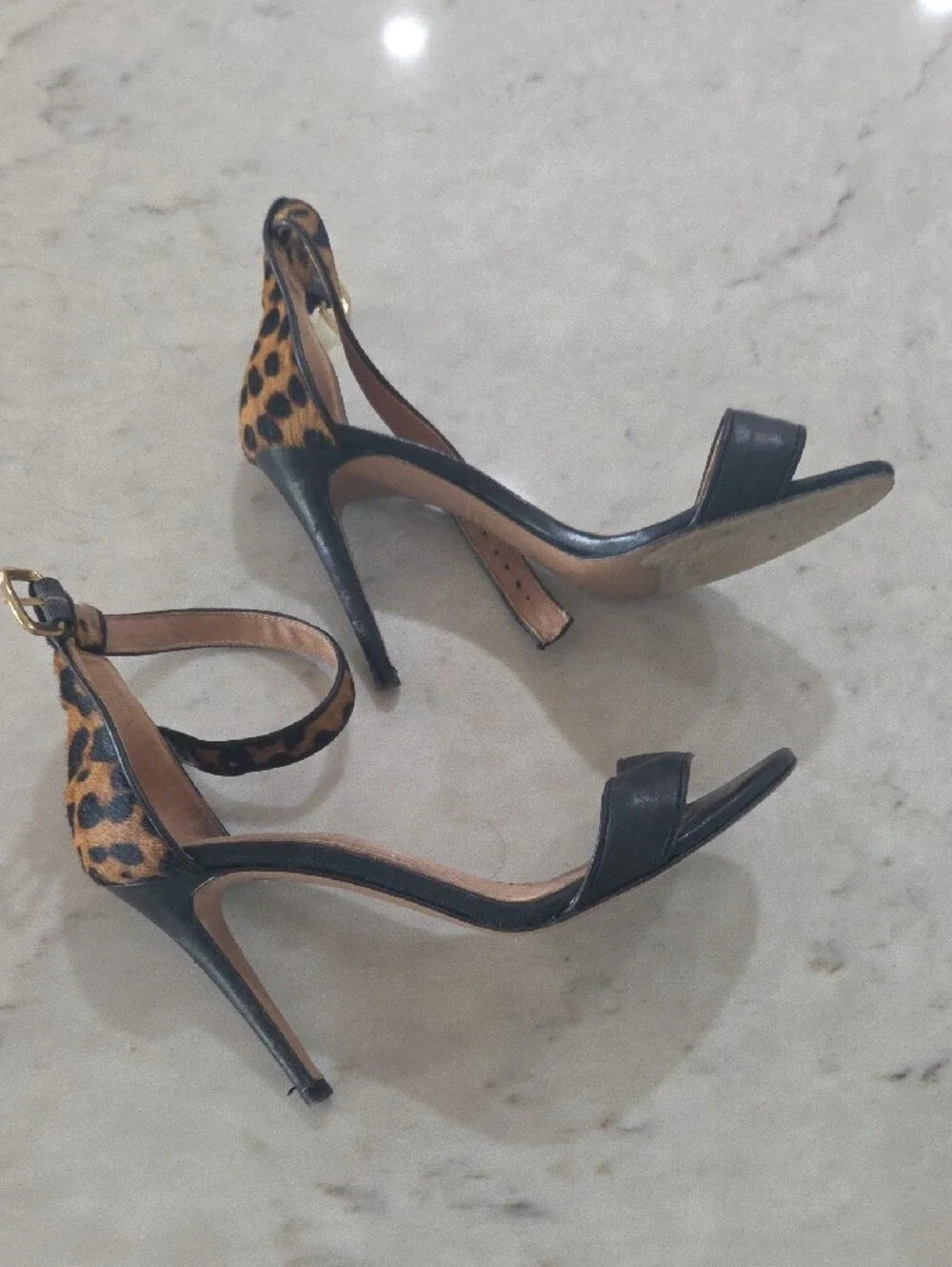 Veronica Beard Black Leather Sandals with Leopard Ankle Straps